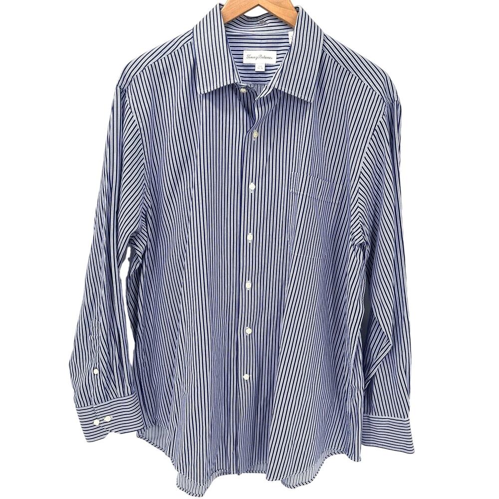Tommy Bahama Shirt Mens 17.5  34/35 Blue Stripe Long Sleeve Button Up‎ Coastal